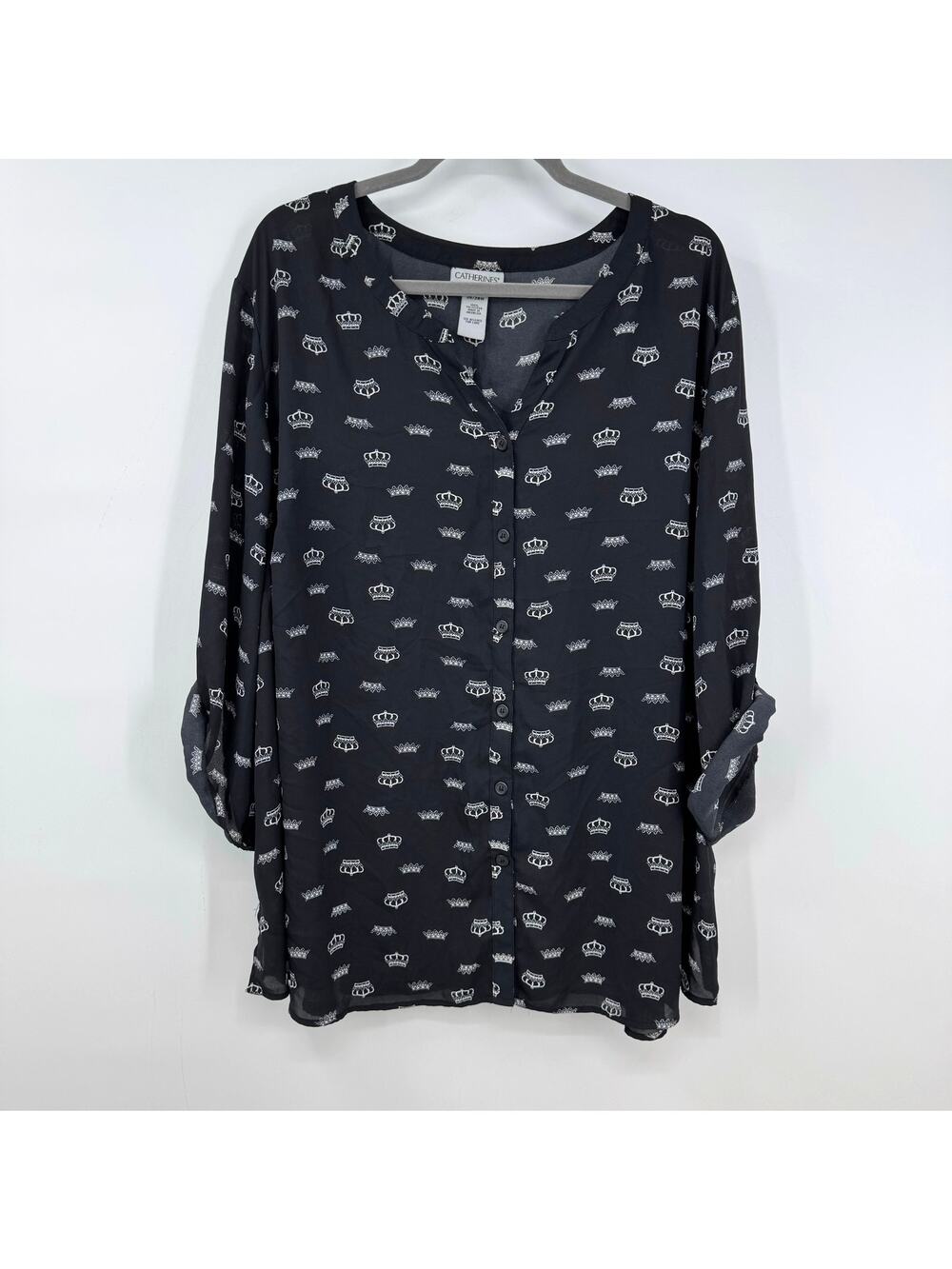 Catherines Crown Print Button Front Top Blouse 3X Black Roll Tab Whimsigoth